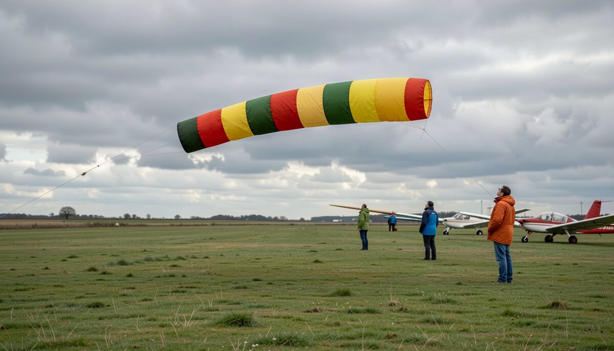 A windsock and low cloud on a gliding field morning. Illustrative image, generated with AI.