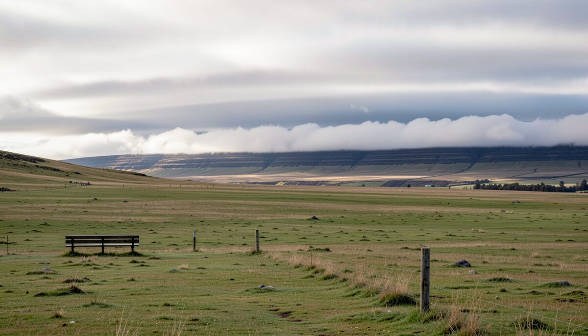 Smooth stacked cloud standing over a ridge above a quiet field, the kind of pattern a ground observer might sketch. Illustrative image, generated with AI.