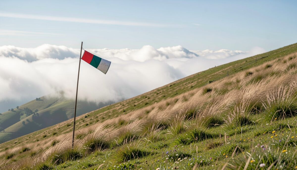 A windsock and cloud line hint at ridge lift on a breezy hillside. Illustrative image, generated with AI.