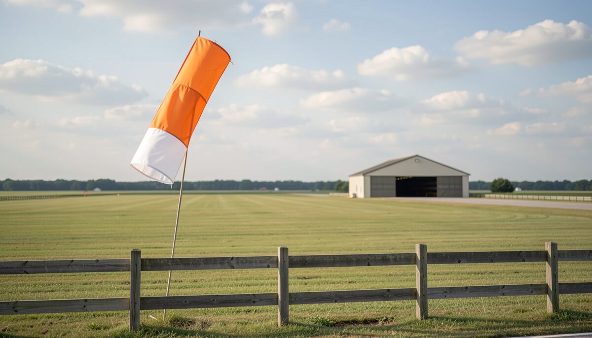 A windsock and quiet grass airfield set the scene for a club visit. Illustrative image, generated with AI.