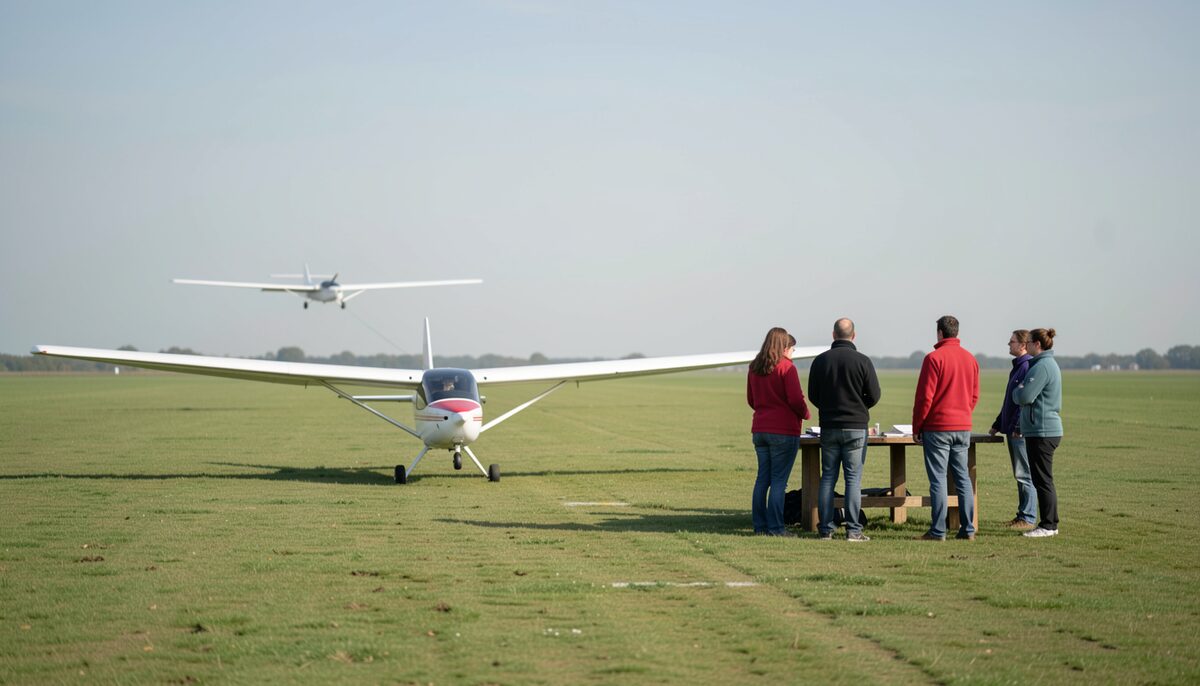 A typical weekend scene at a British gliding field: parked glider, launch-point crew and a distant tow plane. Illustrative image, generated with AI.
