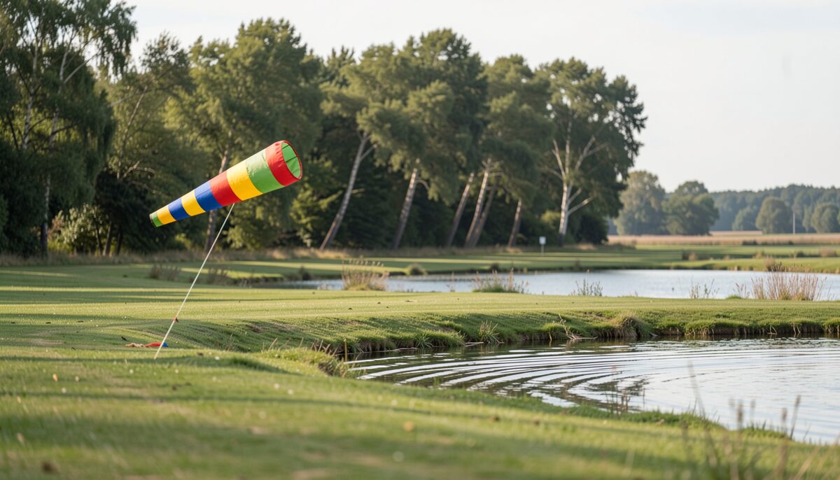 Surface clues on a gliding field: windsock, tree line and water ripples all showing the same wind direction. Illustrative image, generated with AI.